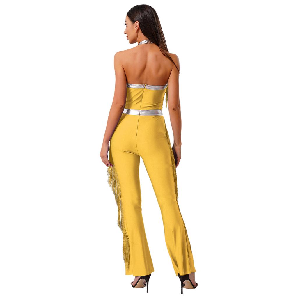Womens 70s Disco Halter Sequined Top Tassel Fringe Flared Pants Romper Shiny Metallic Jumpsuit