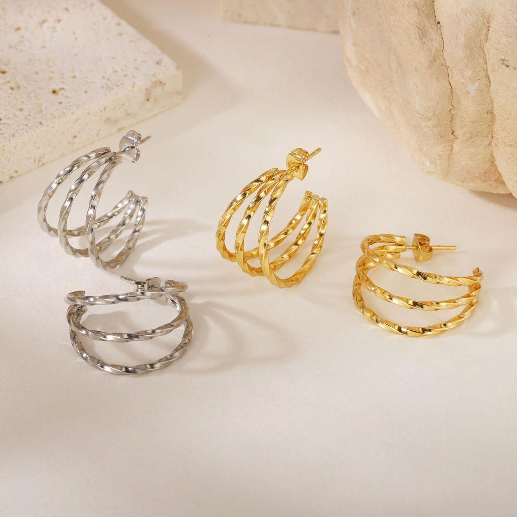 Gold Titanium Steel Multilayer Hoop Earrings - Light Luxury, Colorfast, High-End Feel