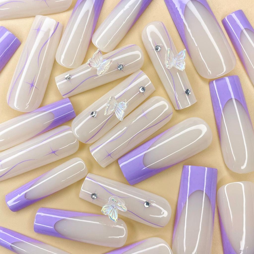 Nail Patch Purple French Flash Diamond Sun Butterfly Fake Nails Wear Nail Special Nail Pad Nails