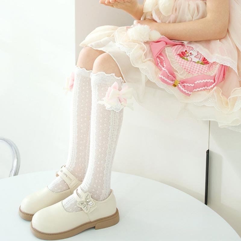 Stylish Knee Length Socks for Girls 3-12 Years Bowknot Trimmed Long Tube Socks Party Daily Wear Accessories