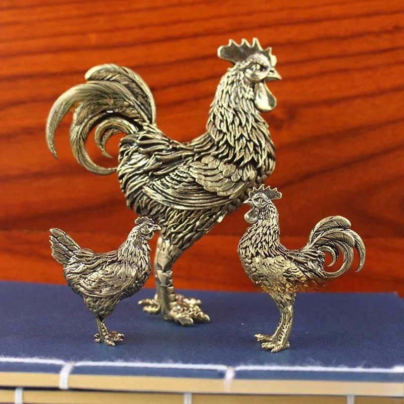 Elegant Brass Rooster Figurine - Intricate Golden Crafts Decor for Home, Office, or Gift, Detailed Feathers Comb, Rustic Table