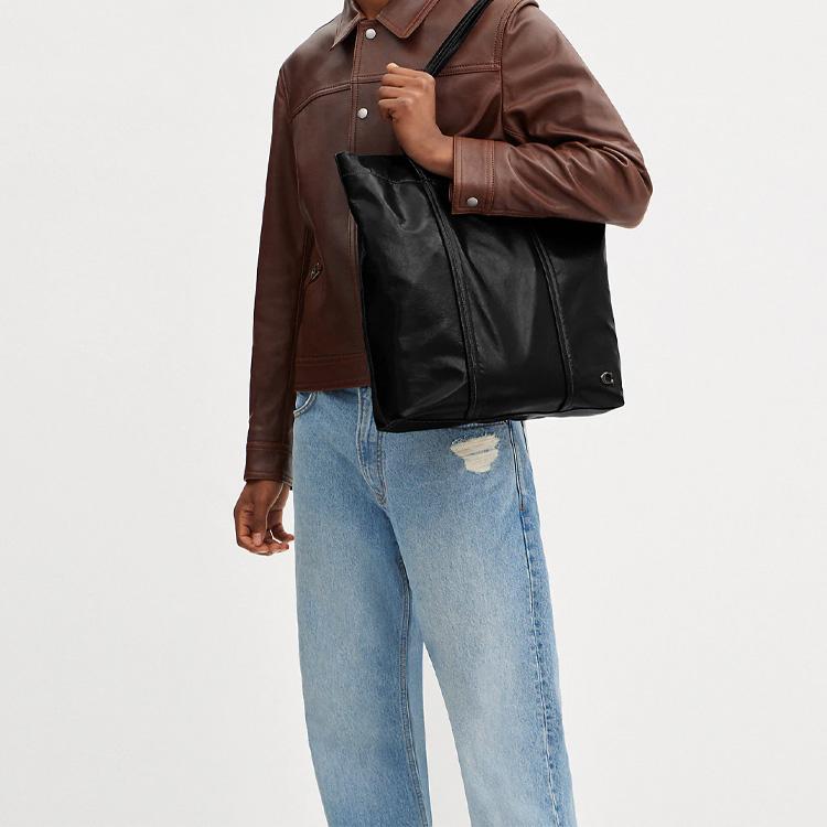 Coach Hall 35 Solid Color Logo Stripe Seam Zipper Pocket Leather Tote Bag Men tote bags Black CO839-BLK