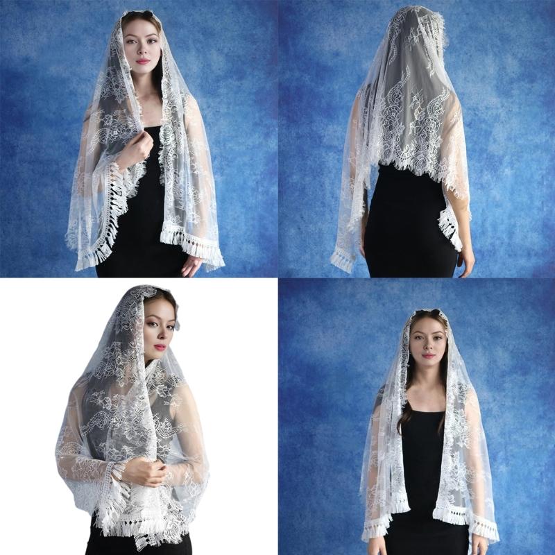 Eleganter spanischer Spitzen-Mantilla-Schleier für die katholische Kirche, Vintage-Kopfbedeckung für die lateinische Messe, gefranster Blumenschleier, Kopftuch