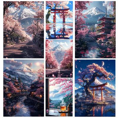 5D DIY Diamantmalerei Kreuzstich Stickerei Mosaik Japan Sakura Dorf Schrein Berg Fuji Landschaftlich Vollrunde Bohrer Heimdekor Wandkunst Geschenk