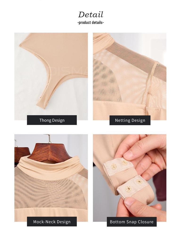 Sexy Mesh Patchwork Slim-Fit Bodysuit with High Neck and Long Sleeves