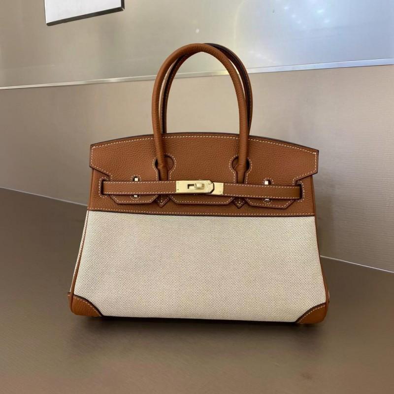 2024 35cm Top Layer Togo Leather Cowhide With Linen Canvas Platinum Bag Genuine Handbag Cross-body