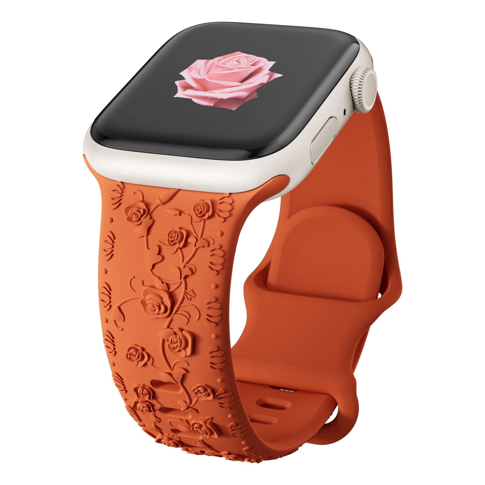 

Ремешок для Apple Watch SE 3 ремешок 40 мм 44 мм 45 мм 42 мм 49 мм 46 мм Цветочный гравированный браслет correa iWatch Series 10 8 7 9 ultra 2 11 41 40 38mm 42mm-S10 оранжевый