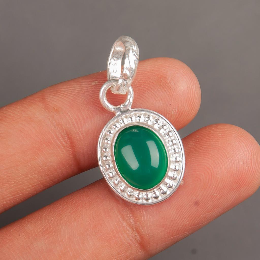 Green Onyx Cab Gemstone 925 Sterling Silver Handcrafted Jewelry Pendant 1.20" PP-7-32