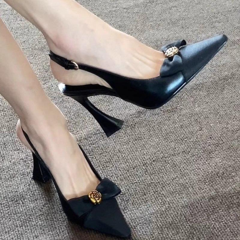 French Bow Knot High Heel Sandals for Women Sexy Back Strap Pointed Toe Sandalias Woman 2025 Office Patent Leather Sandals Mujer