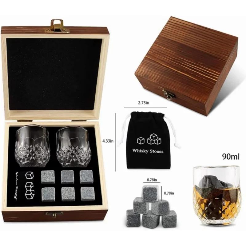 JUSTINLAU Father's Day Gift Whiskey Stone Glass Wine Set Granite Ice Block for Whisky Wood Bottle Box Present for Dad Husband
