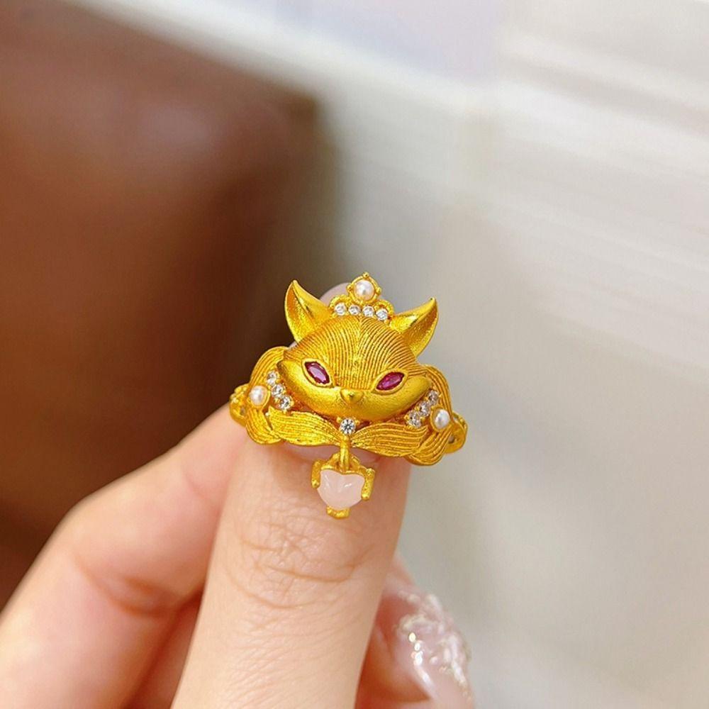 Chinese Style Rhinestone Opening Ring Textured Animal Ring Fashion Vintage Metal Ring  Women