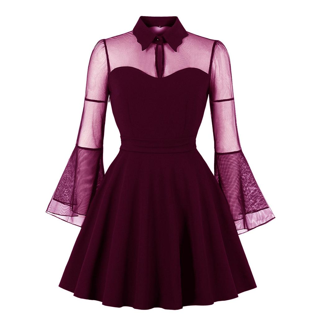 Women  Color Long Sleeve Retro Dress Gothic Flare Sleeve Stitching Dress