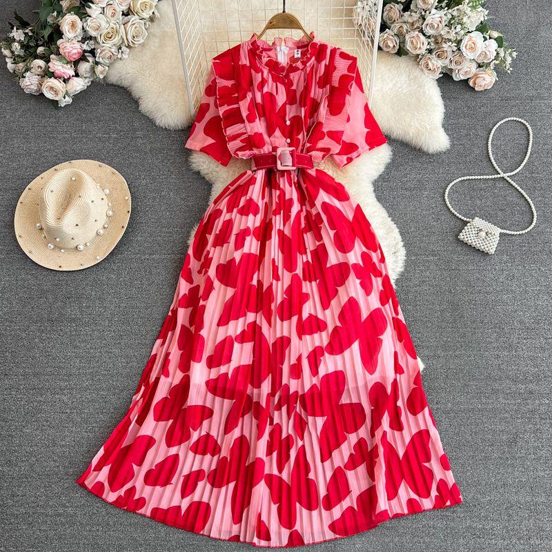 Accessible Luxury Stand Collar A- line Printed Dress Elegant Short Sleeve