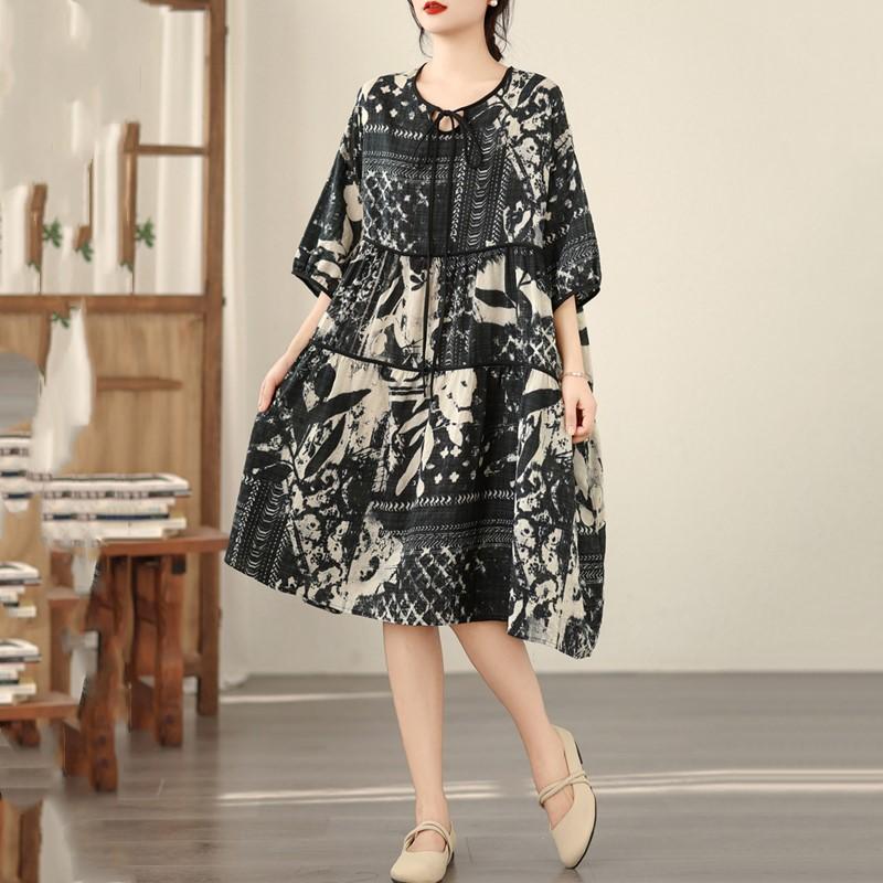 Short Sleeve Plus Size Cotton Linen Vintage Floral New In Dresses for Women Casual Loose Midi Summer Dress