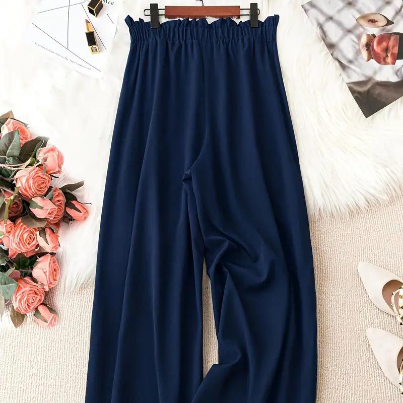 Plus Size Women Fashion Solid Color Wide Leg Pants Female Casual  Elegant Drawstring High Waisted Loose Long Trousers