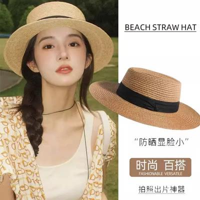 2025 Summer Sun Hat French Flat Top Straw Hat Women's Seaside Beach Sun Protection Woven Hat