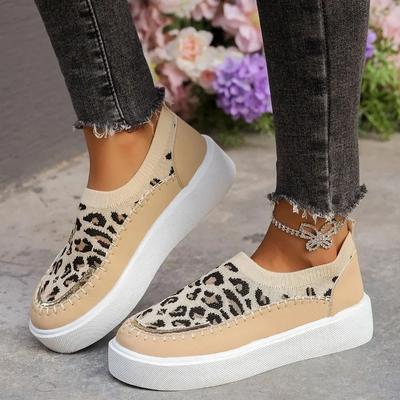 2024 Primavera e Outono Nova Moda Leopardo Estampa Cor Combinando Design Feminino Sapatos Vulcanizados Casual Flat Slip-on Sapato Baixo