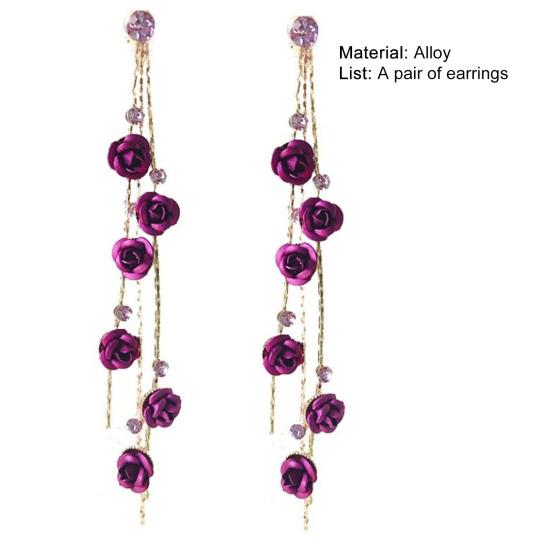 1 Paar Glänzende Strass Elegante Damen Ohrringe Rosenblume Lange Quaste Hängeohrringe Party Schmuck