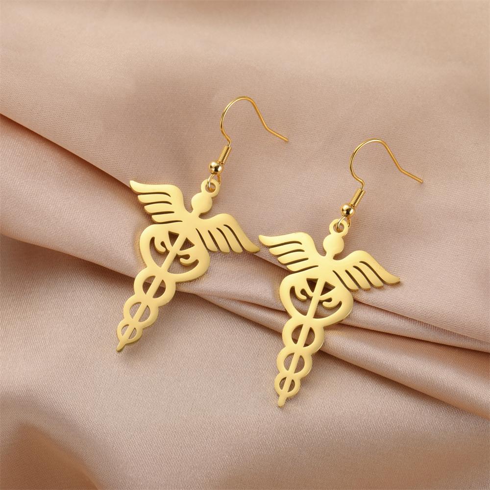 My Shape Caduceus Drop Earrings Medical Snake Scepter Wings Stainless Steel Pendents Necklace Nurse Doctor Medical Jewelry Gifts