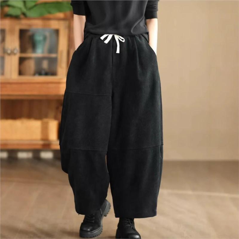 Johnature Woman Winter Vintage Splicing Solid Color Cotton Harem Pants Elasticated Waist Chinese Style Casual Pants