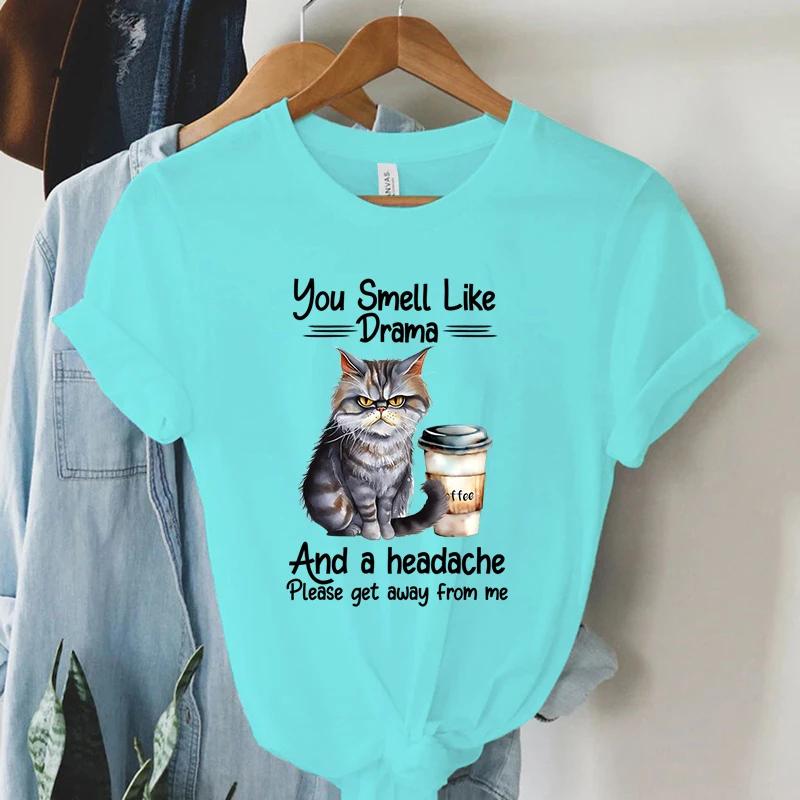 Coffee Cat T Shirt Fashion Casual Tee Shirt Female Black Cat Graphic T Shirt New Spoof Women Clothing High Street Camiseta Mujer