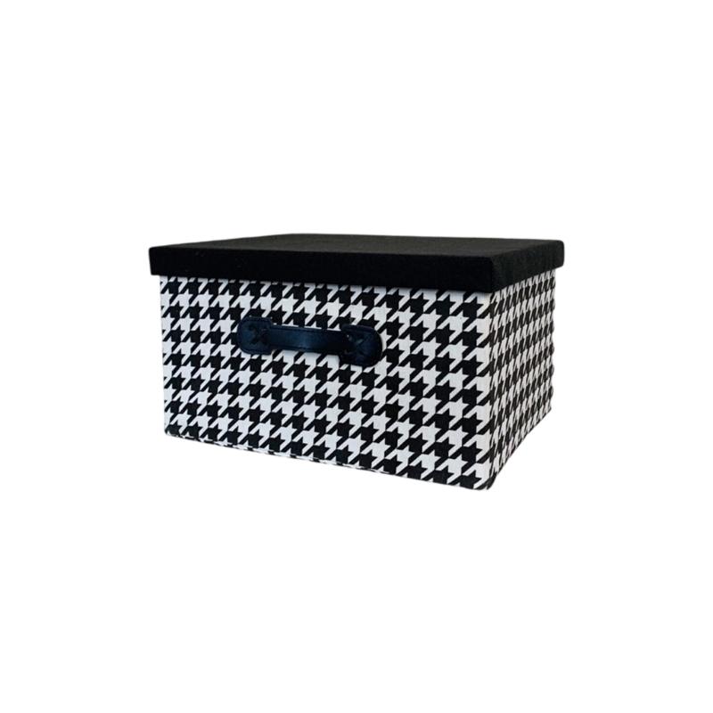 

Houndstooth Fabric Foldable Storage Box With Lid for Car Home Office Organizing Toy Clothes Books S чорний