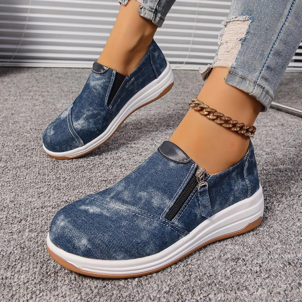 Women'S Casual Sports Shoes Spring New Round Head Deep Mouth Side Zipper Loafers Anti-Slip Wear-Resistant Low-Top Shoes