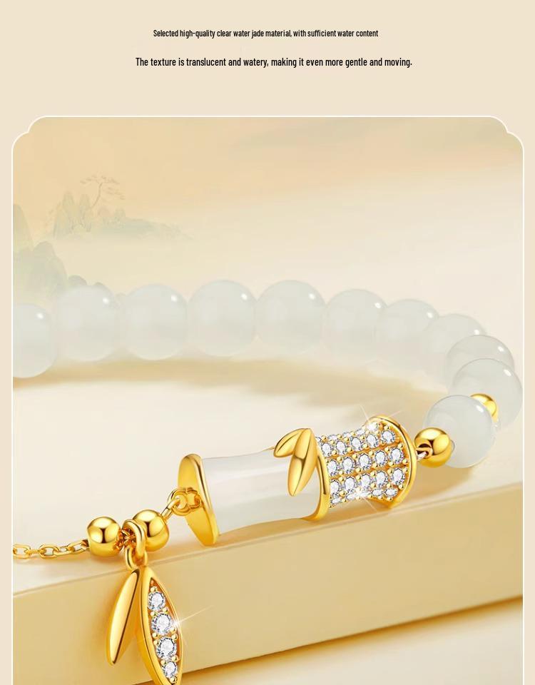 Bamboo Hetian Jade Sterling Silver Bracelet for Women – Elegant Beaded Christmas Gift
