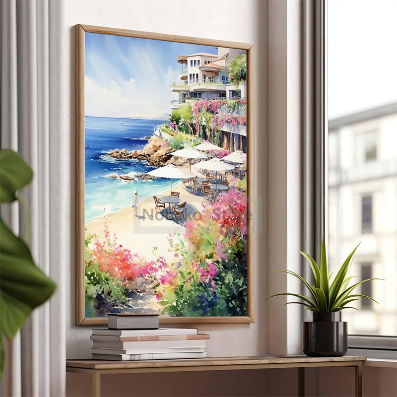 Watercolor Style Mediterranean Coast Sea Poster Seaside Landscape Prints Canvas Painting Wall Art Pictures Home Room Beach Decor