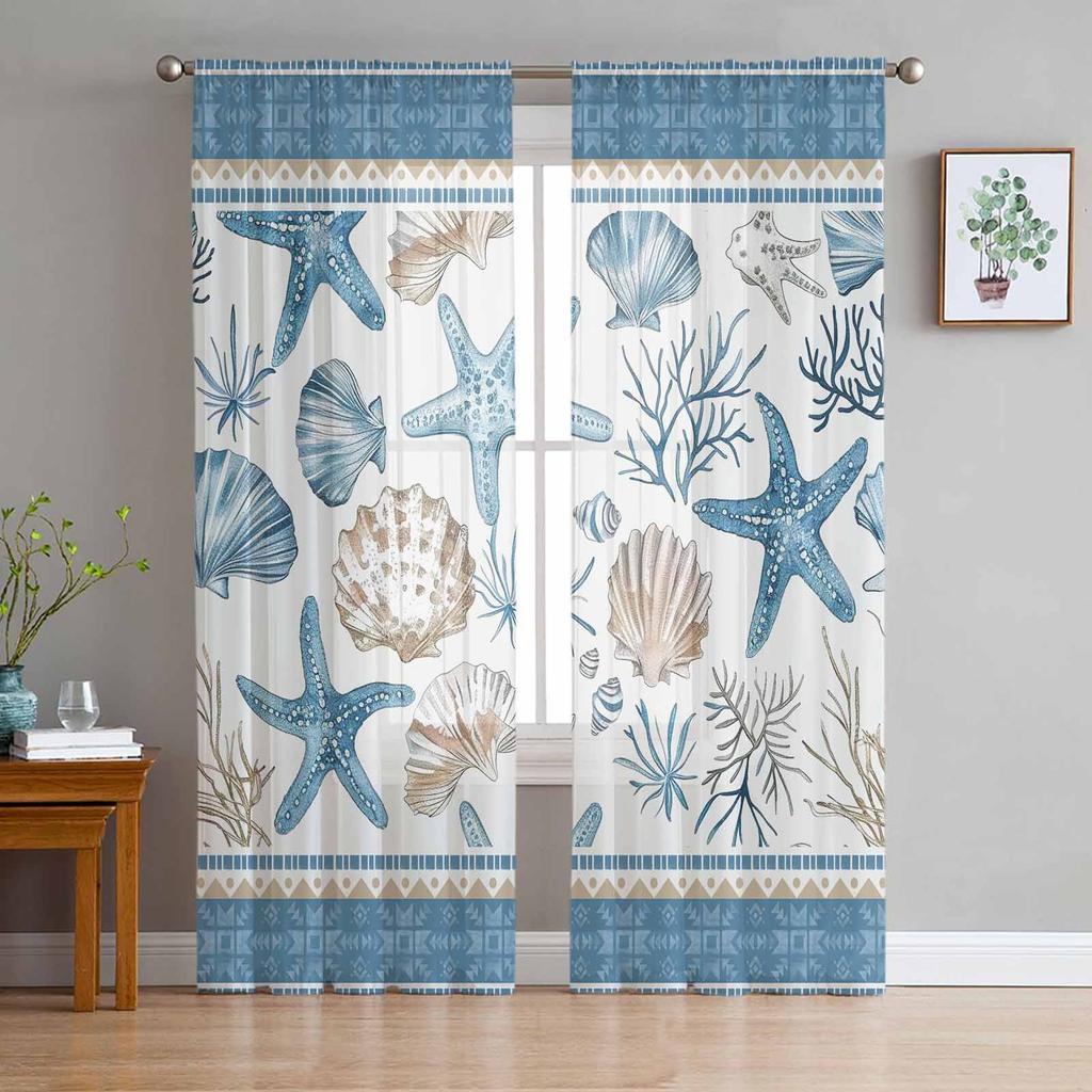 Marine Organisms Sea Turtle Jellyfish Seahorse Conch Coral Sheer Curtains Room Window Curtains Kitchen Tulle Voile Curtains