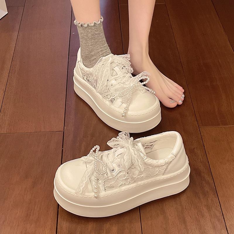 Ballet style pearl lace lace-up little white shoes women's single-layer breathable thick-soled heightening casual bread shoes trend