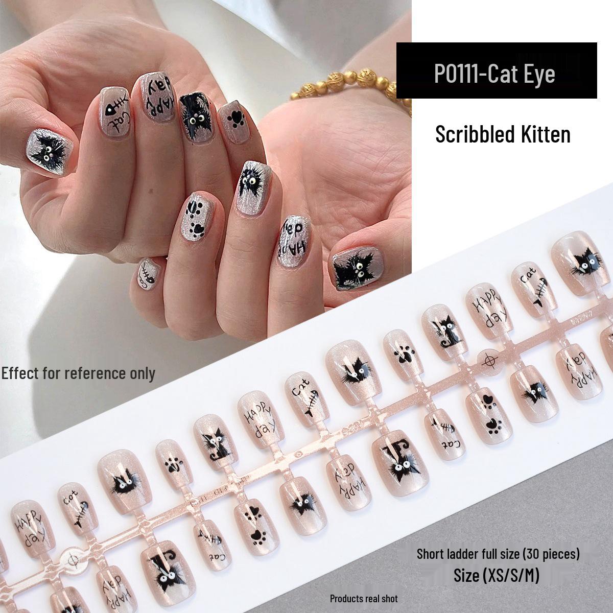 

Cat Eyes Cartoon Kitten Nail Art Set - 30 Cute Wearable Short Ladder Nails