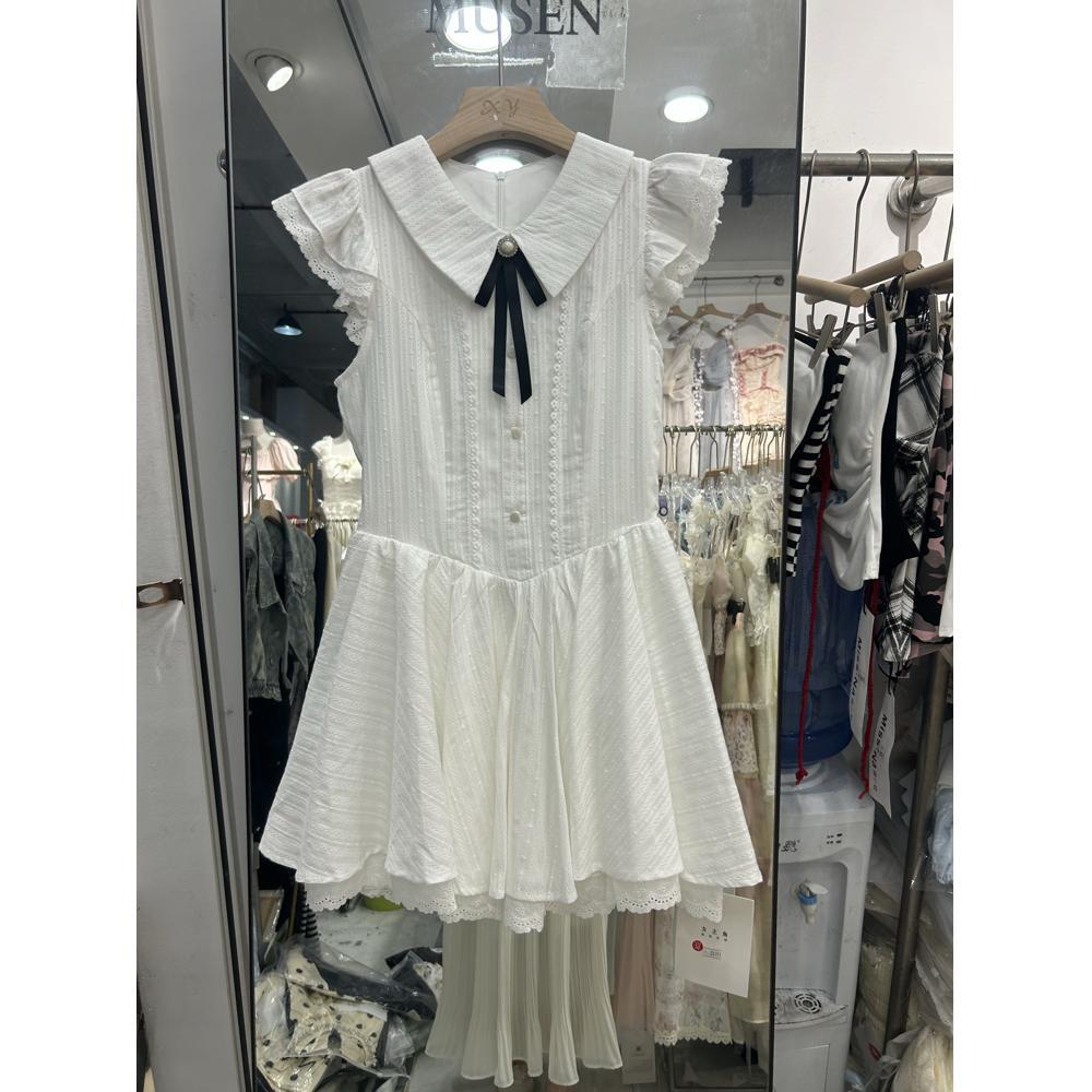 White sweet style girl lapel design dress women's summer lace splicing waist small flying sleeve puffy skirt
