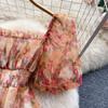 Spleise Mesh Blomstertrykk Kjole Kvinner Sommer Slank Elastisk Midje Firkantet Hals Milde Dame Søte Kjoler