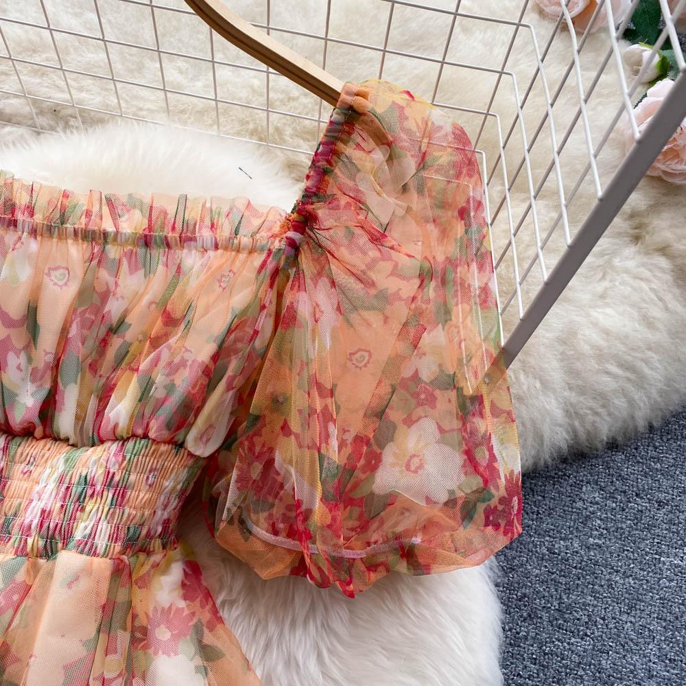 Spleise Mesh Blomstertrykk Kjole Kvinner Sommer Slank Elastisk Midje Firkantet Hals Milde Dame Søte Kjoler