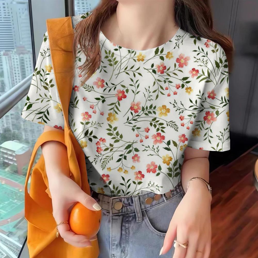Women's Short Sleeved T-shirt, Round Neck Clothing, Casual Top, Printed Half Sleeved T-shirt, Women's Loose and Elegant T-shirt