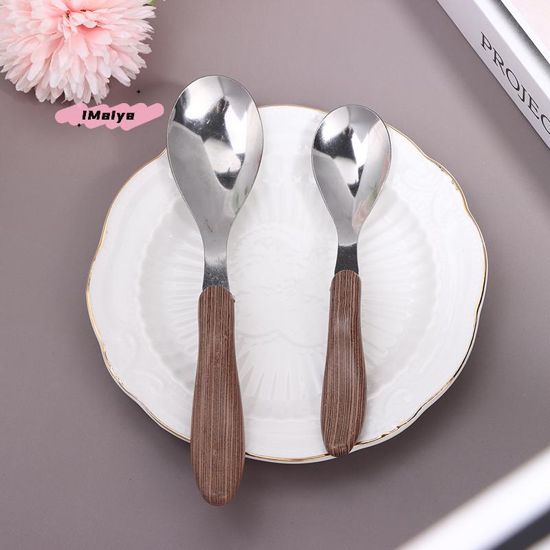 1Pc Stainless Steel Dessert Soup Spoon with Imitation Wooden Handle Western Tableware for Restaurant Bar