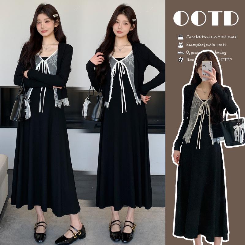 Elegant Korean Style Lace Patchwork Maternity Camisole Dress Set for Spring 2026 L