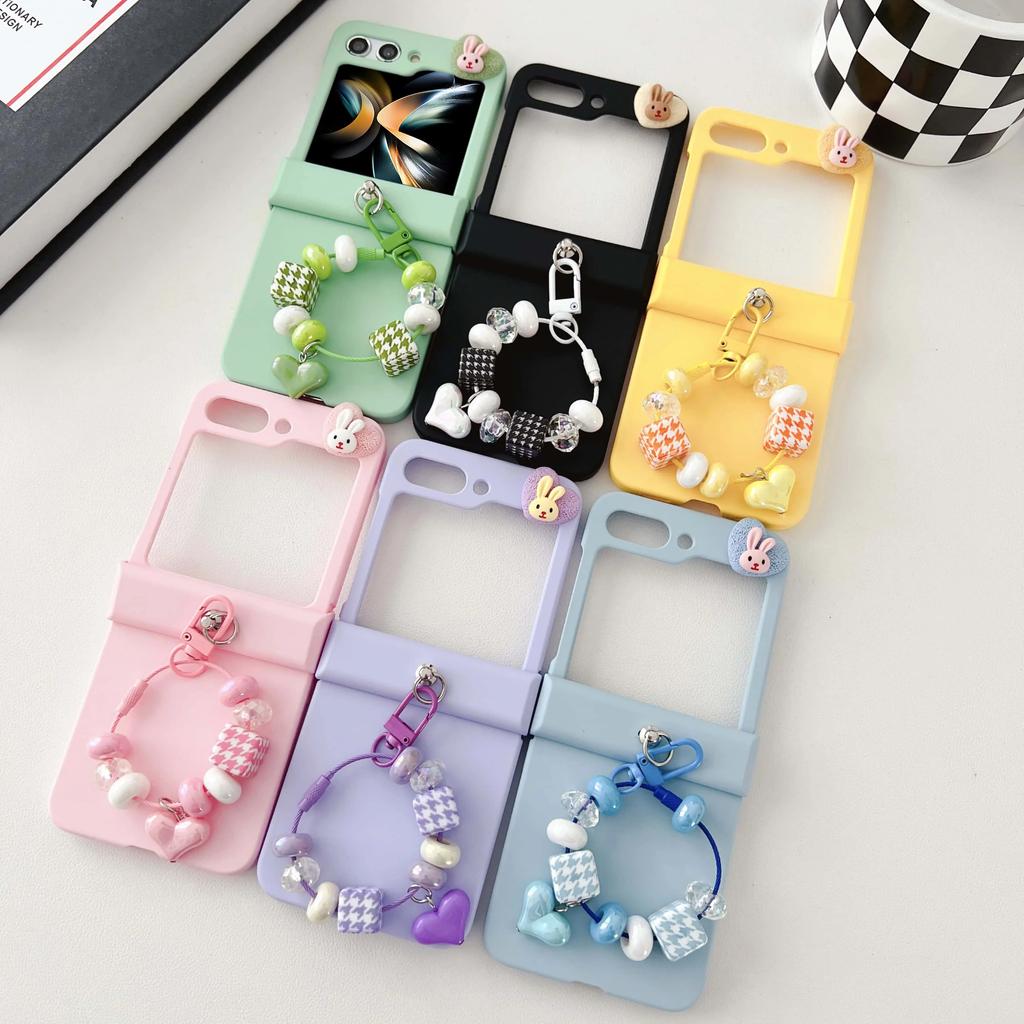 Cute Rabbit Bling Glitter Bead Wrist Strap Phone Case for Samsung Galaxy Z Flip 7 6 5 4 3 5G Hinge Protection Shockproof Cover