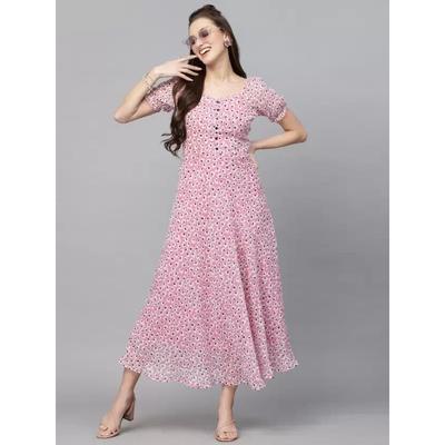 Women Fit and Flare Printed Georgette Maxi Dress with Polyester Lining Dress VFF-522