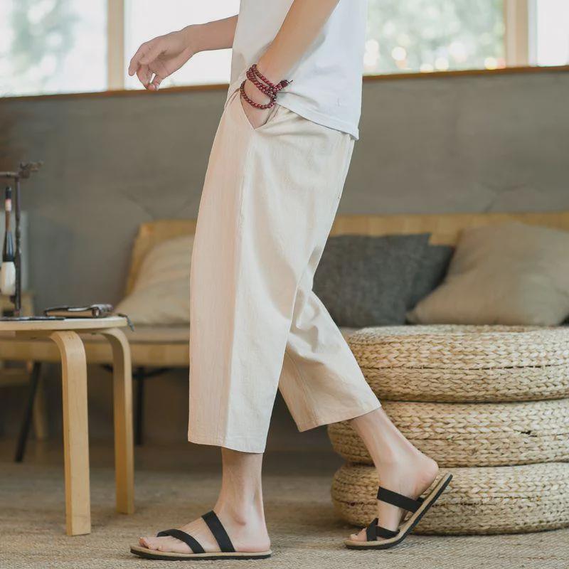 Pánské letní lněné zkrácené kalhoty - tenká bavlna s ledovým hedvábím, délka 7/8, pro teenagery a studenty, volný ležérní střih