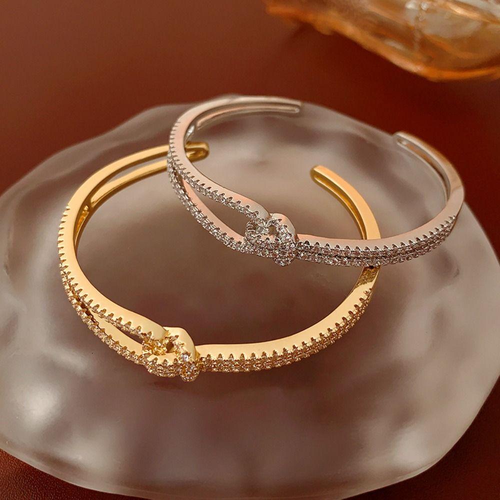 Crystal Knot Cuff Bangles Double Layer Rhinestone Bracelet Simple Cross Wide Open Bangle  Women