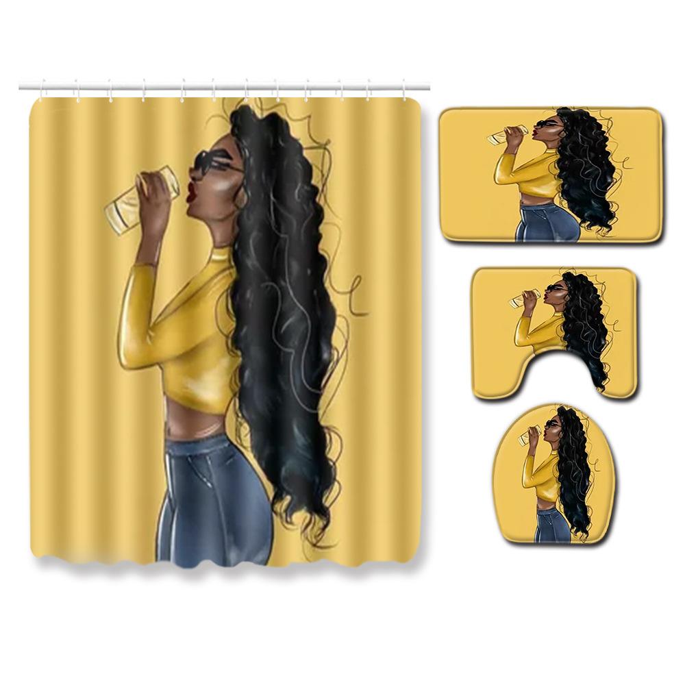 African American Women'S Bathroom Non-Slip Floor Mat, Shower Curtain Combination Carpet, European And American Style Explosion Woman