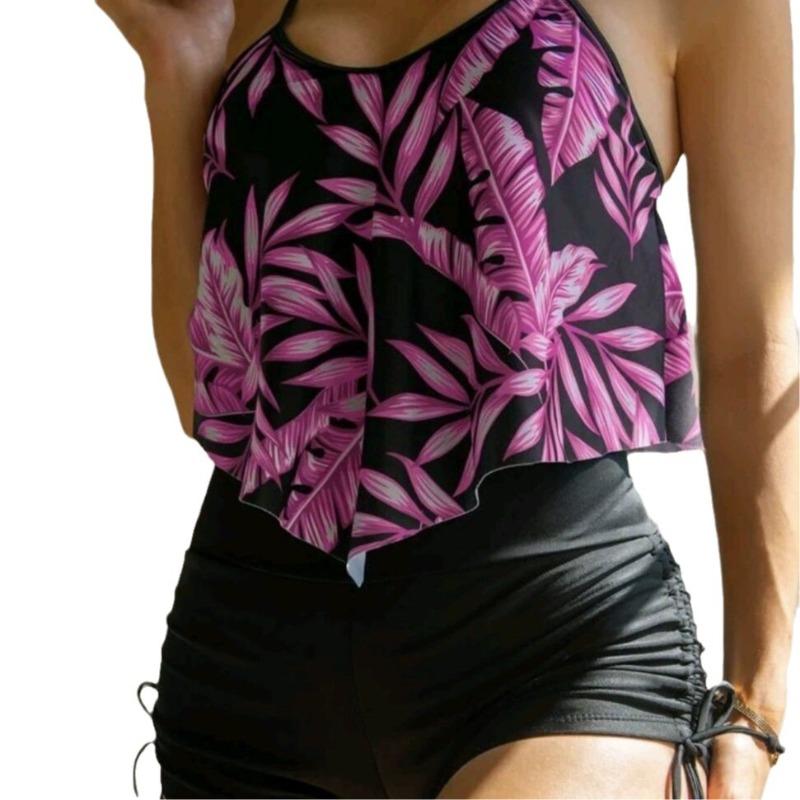 European and American New Swimsuit Printed Multi-color Big Lotus Leaf Corset Drawstring Boxers Bikini Swimsuit