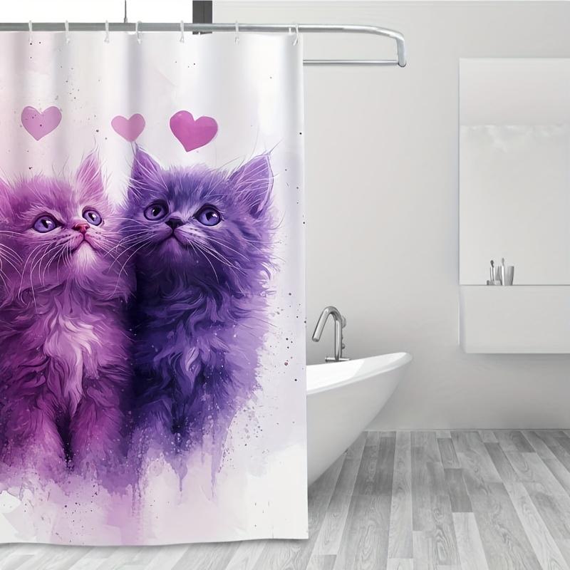 1PC Pastel Pink & Purple Cat Shower Curtain, Durable Polyester, Easy Clean, with Hooks, Ideal for Bathroom & Window Decor