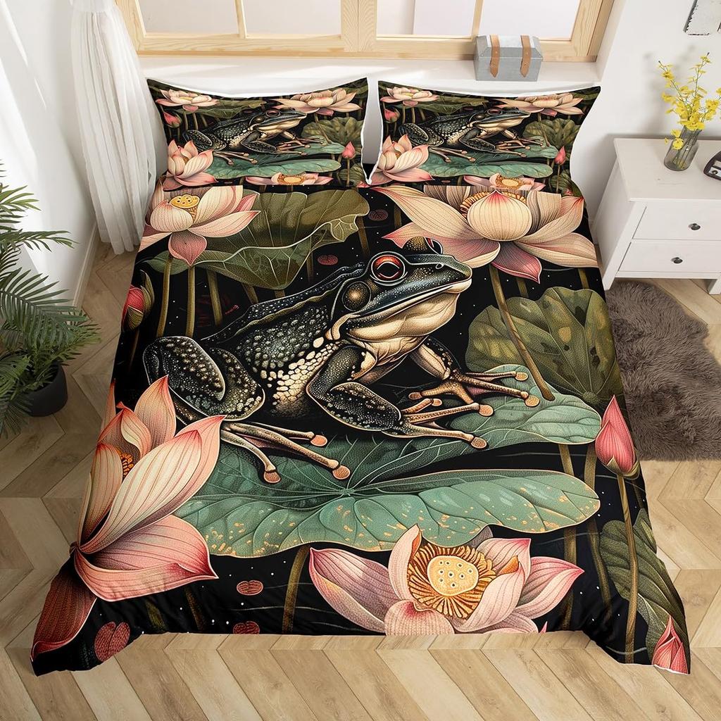 Frog And Lotus Leaf Duvet Cover Sets For Kids Boys Girls Lightweight Quilt Covers Green Animals Themed Bedding Set Bedroom Decor