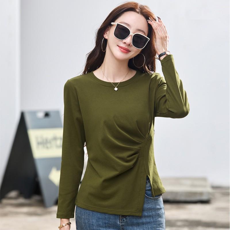 Womens Long Sleeve T-Shirt Slim Fit Round Neck Cotton Blend Casual Top With Side Slit