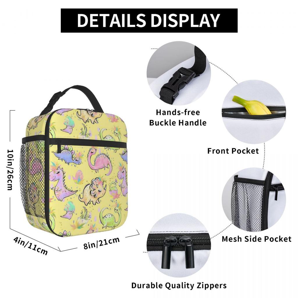 Cartoon Cute Dinosaur In Pink Background Insulated Lunch Bag for Women Children Portable Food Boxes Thermal Lunch Box Tote