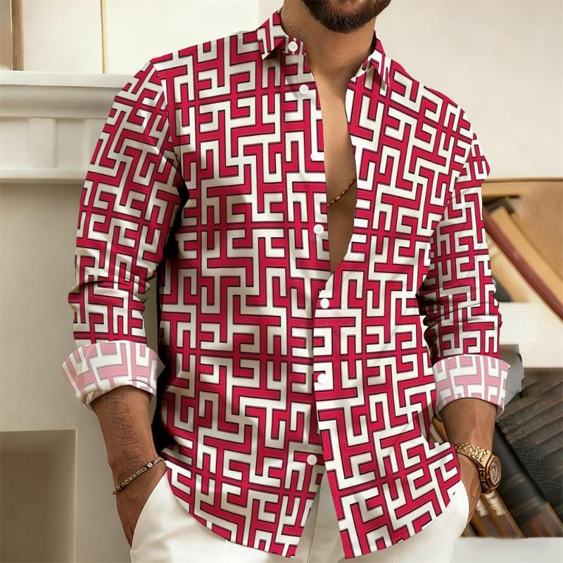 2026 New Men's Long-Sleeved Polo Shirt, Vintage Print Style with Greek Key Pattern, Elegant, Comfortable, and Stylish Men's Top