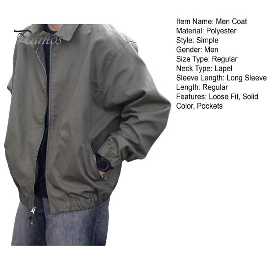 Men Coat Lapel Collar Long Sleeve Solid Color Jacket with Pockets Loose Fit Street Style Casual Outerwear